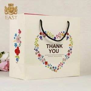 Home floral heart thank you gift bags, white kraft paper shopping bags with handles, custom printed thank you bags for weddings, birthdays, parties