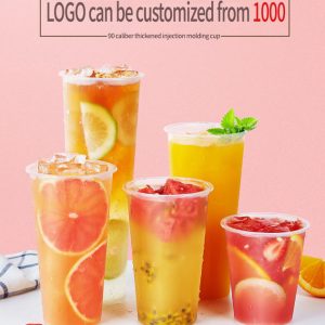 private label plastic boba tea cups 12, 16, 20, 22, 24 ounce pp injection molding plastic cups with lids and forks for fruit milk tea