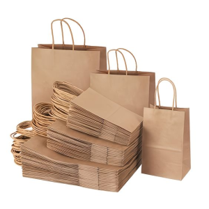square recyclable kraft paper shopping bags in brown and white with ribbon handles for crafts and gifts, suitable for promotions and supermarkets, customizable with logos