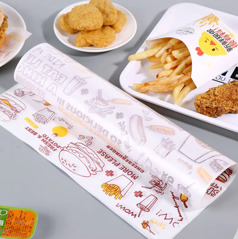food grade greaseproof sandwich paper and hamburger wrapping paper with polyethylene/wax/silicone coating, customized in design and size for deli shops
